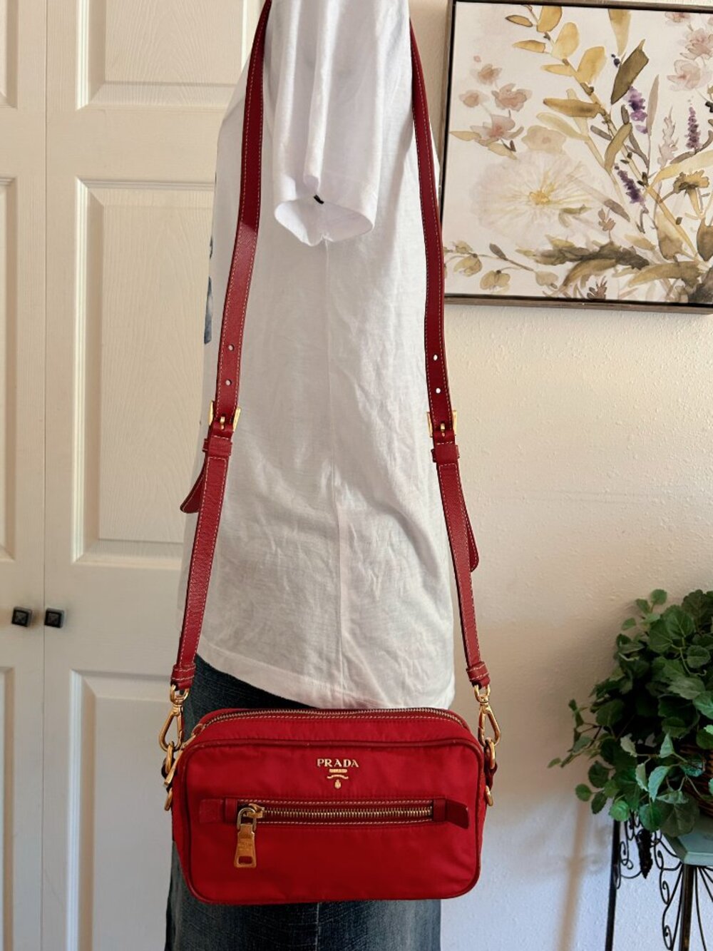 Prada Red Nylon Crossbody with Gold Hardware and Leather Trim